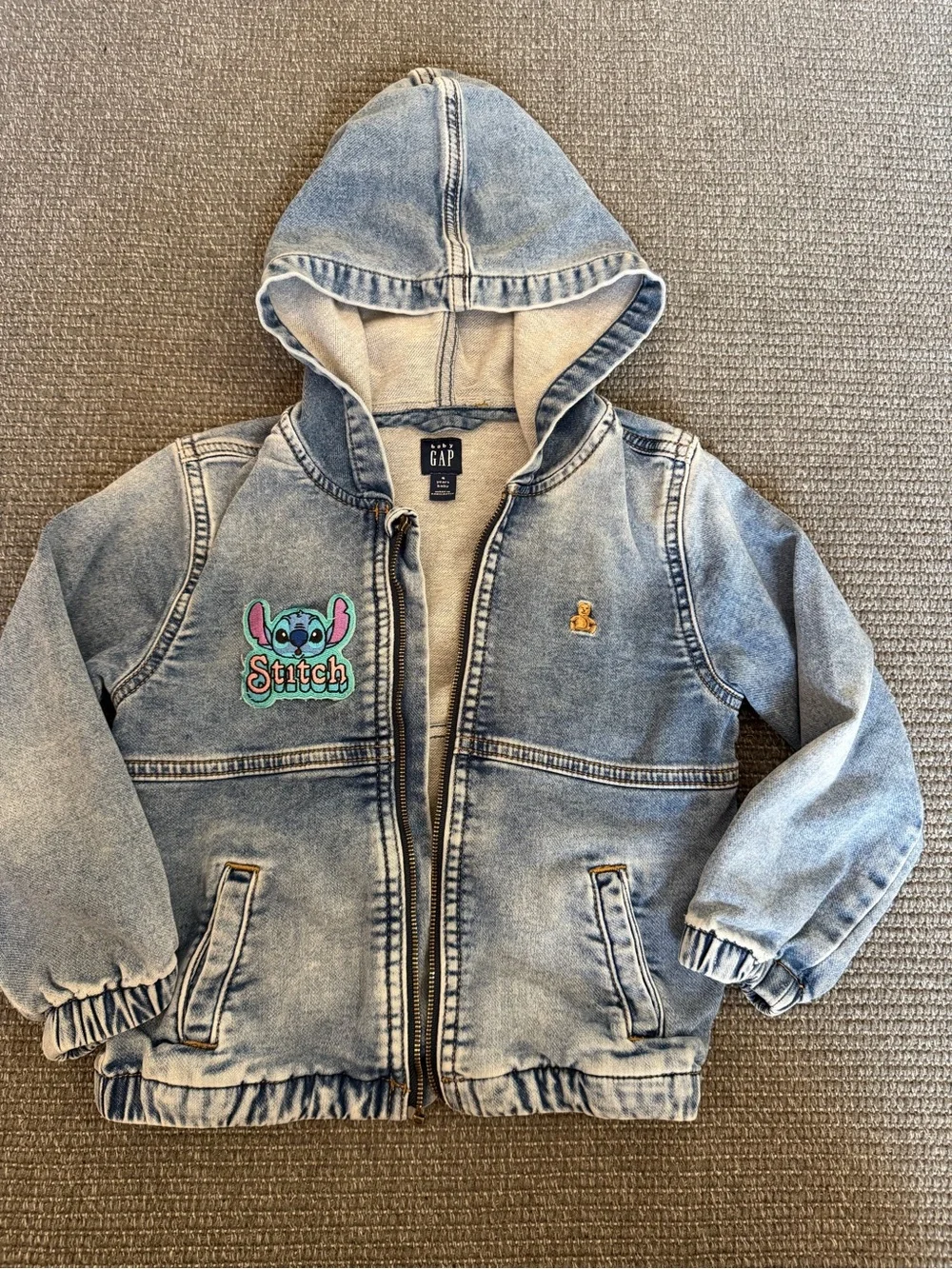 Baby Gap Light Blue Denim Hooded Jacket with Stitch Patch and Embroidered Accent